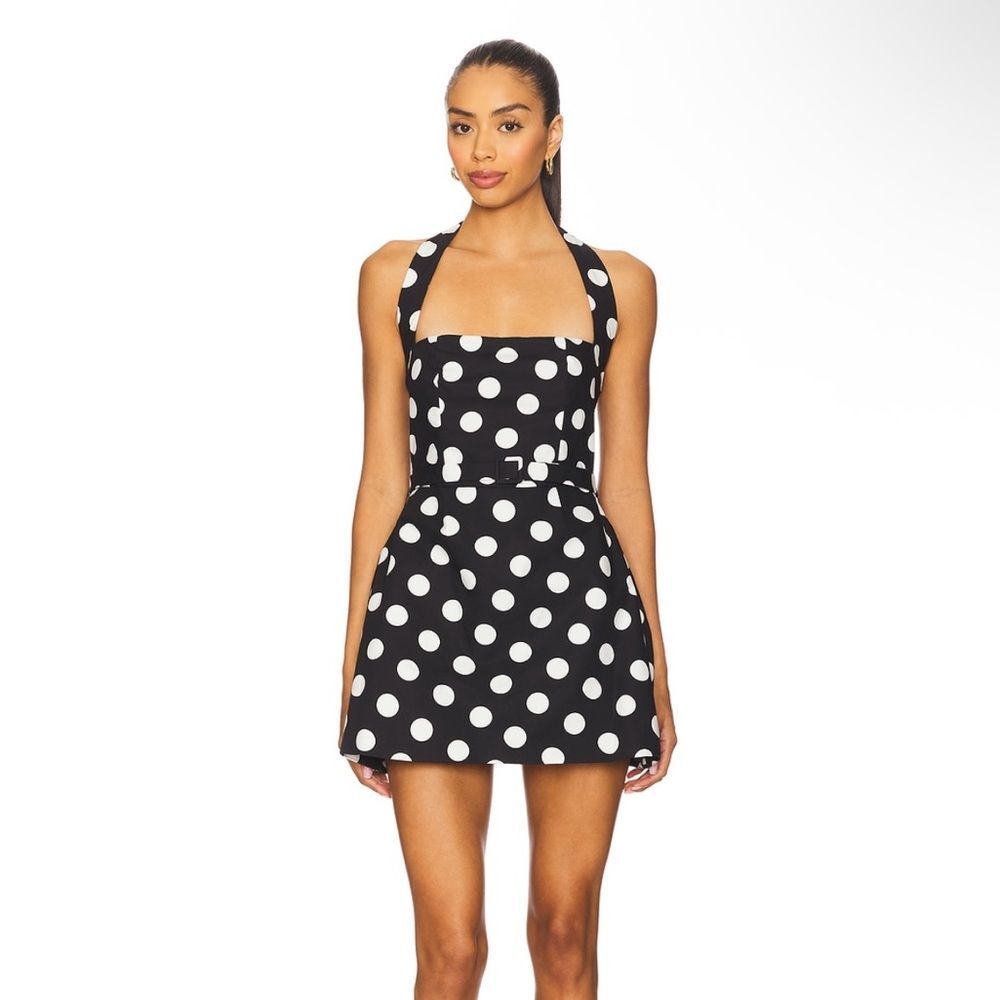 Sans Faff Colline Bubble Halter Belted Dress in Polka Dot Black & White medium